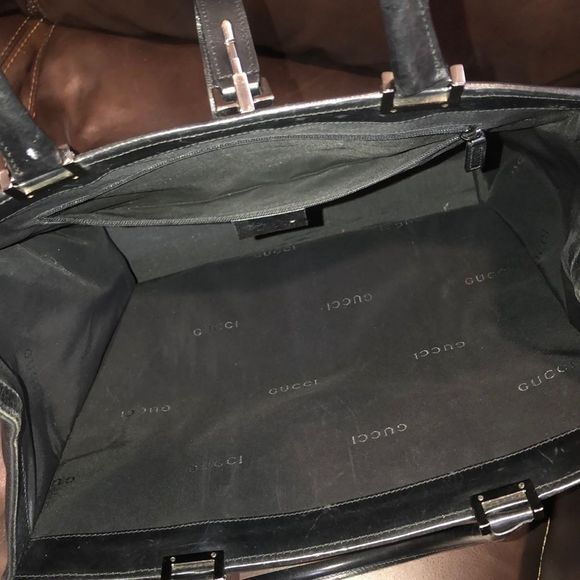 GUCCI Jackie Black Leather Rolled Top Handles Tall Nylon Tote Bag VTG Mint - Picture 7 of 17